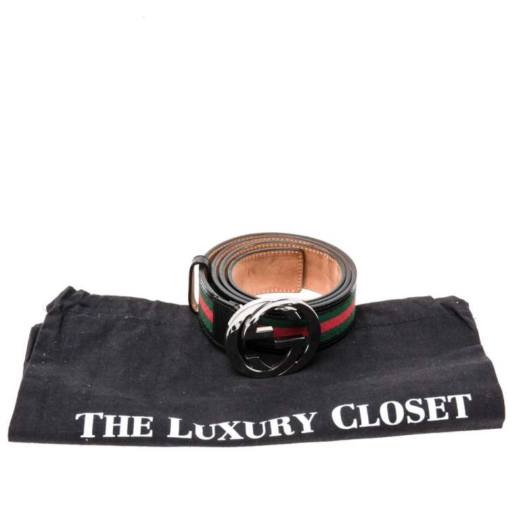 Pre Owned Gucci Black Leather and Canvas Web Interlocking G Buckle Belt 95CM