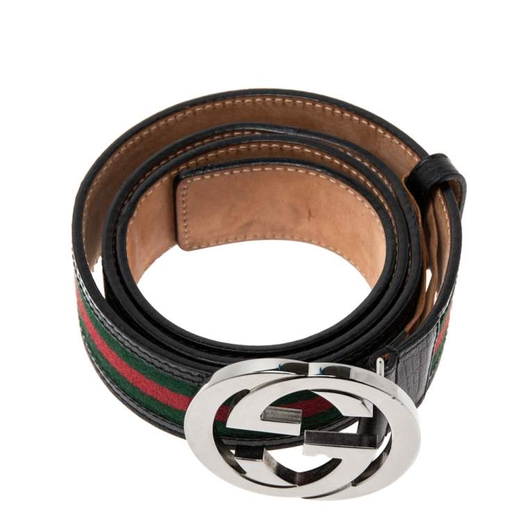 Pre Owned Gucci Black Leather and Canvas Web Interlocking G Buckle Belt 95CM