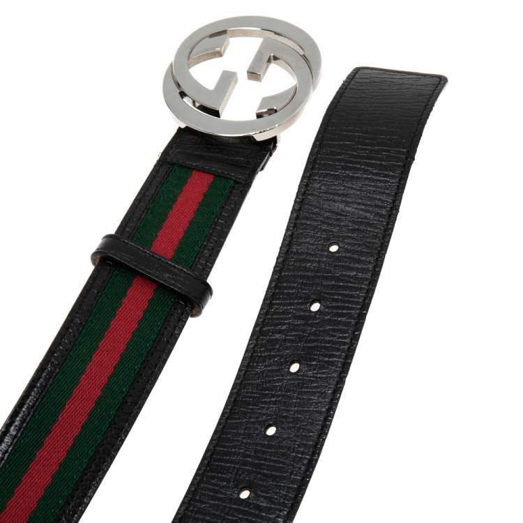 Pre Owned Gucci Black Leather and Canvas Web Interlocking G Buckle Belt 95CM