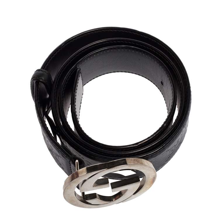 Pre Owned Gucci Black Guccissima Leather Interlocking G Buckle Belt 90CM