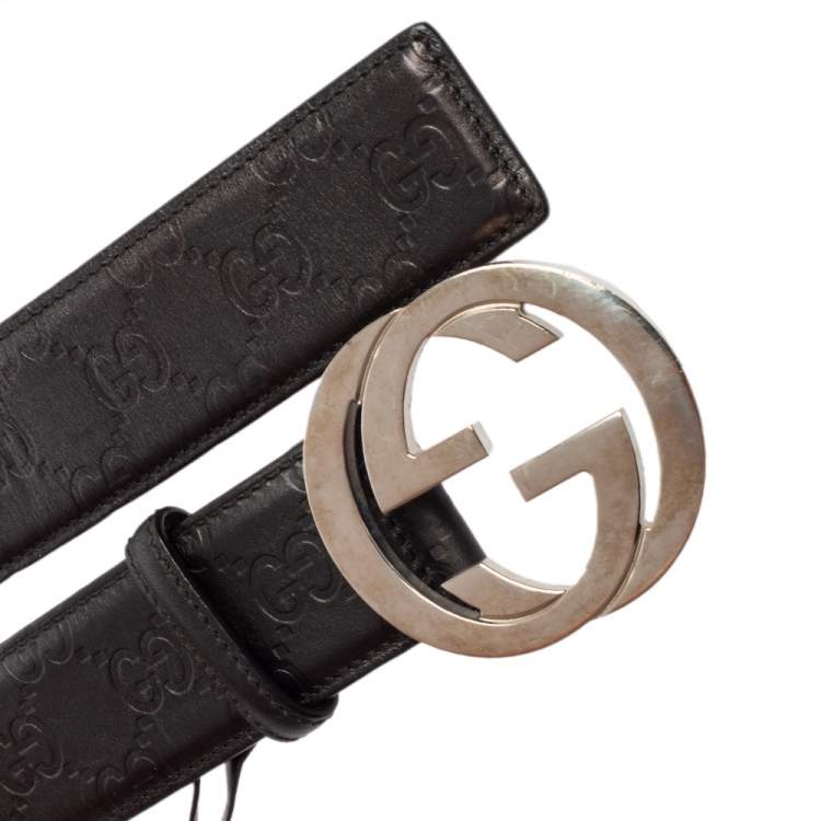 Pre Owned Gucci Black Guccissima Leather Interlocking G Buckle Belt 90CM