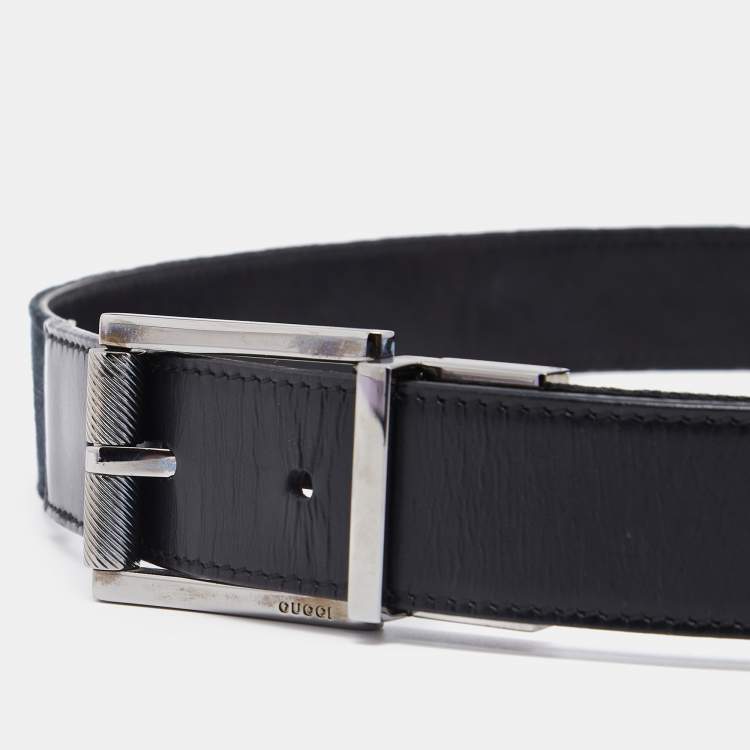 Pre Owned Gucci Black GG Canvas and Leather Cut to Size Reversible Buckle Belt