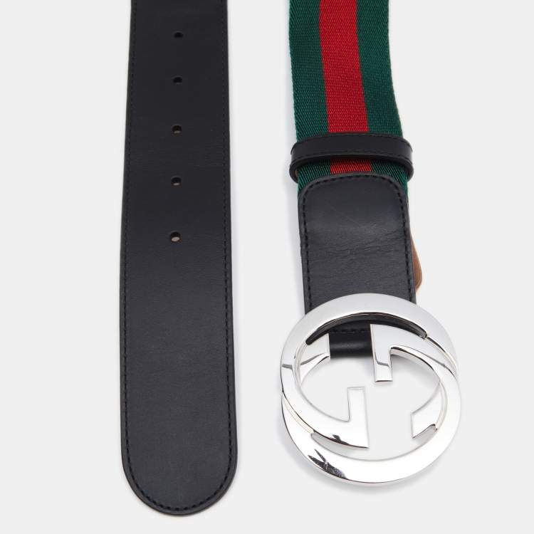 Pre Owned Gucci Black Leather and Canvas Web Interlocking G Buckle Belt 90CM
