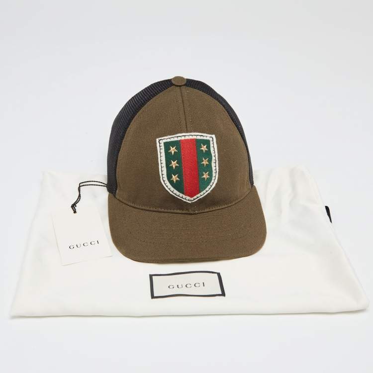 Pre Owned Gucci Military Green Cotton Crest Applique Baseball Cap S