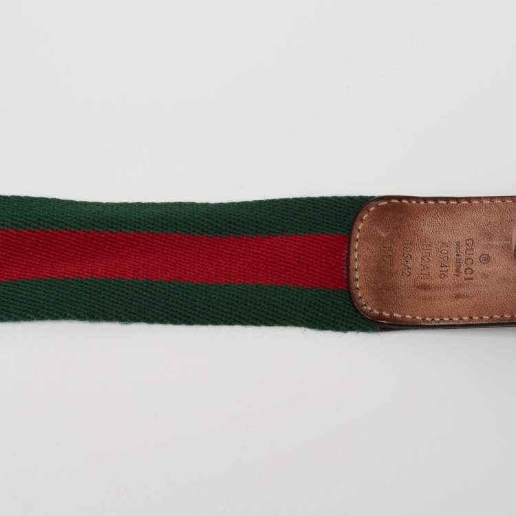 Pre Owned Gucci Green/Red Canvas Web Double G Buckle Belt 105 CM