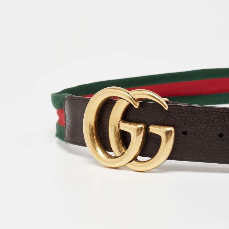 Pre Owned Gucci Green/Red Canvas Web Double G Buckle Belt 105 CM