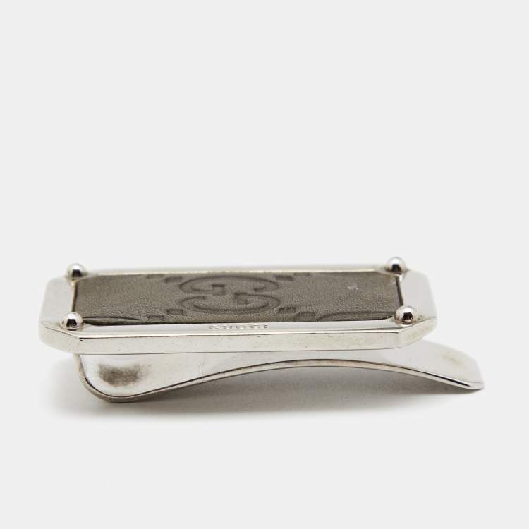 Pre Owned Gucci GG Monogram Leather Silver Tone Money Clip