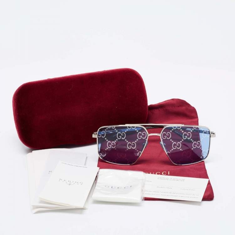 Pre Owned Gucci Silver Tone/ Blue GG Print GG0941S Square Sunglasses