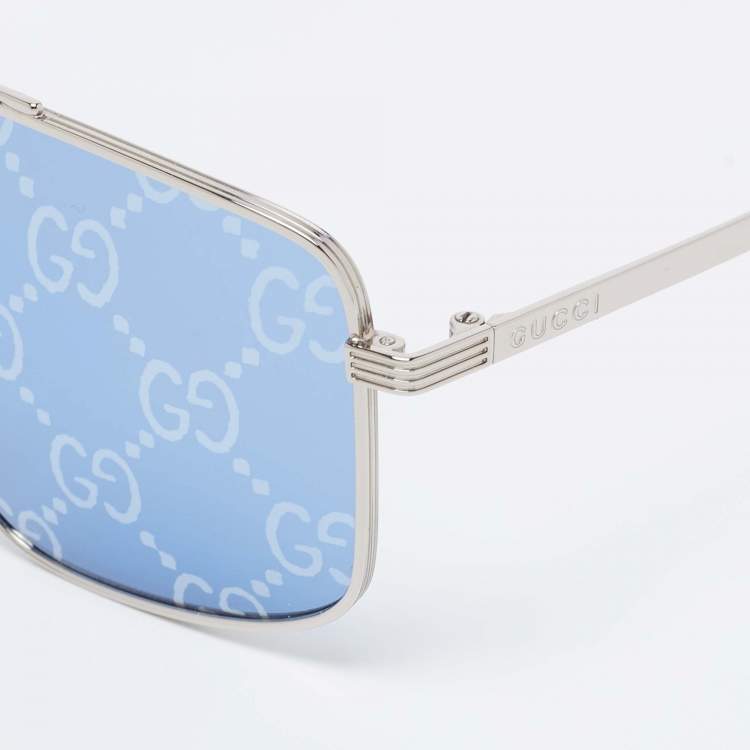 Pre Owned Gucci Silver Tone/ Blue GG Print GG0941S Square Sunglasses
