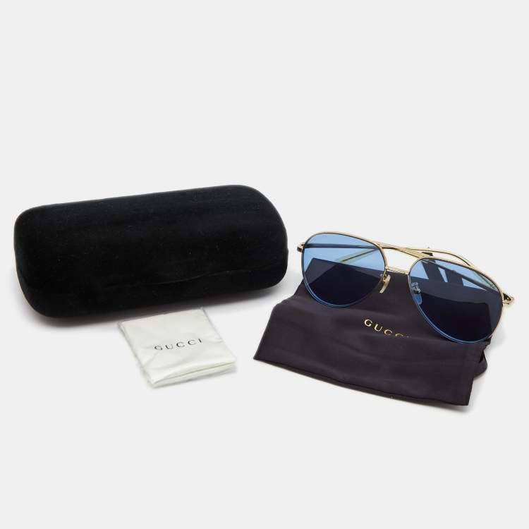 Pre Owned Gucci Gold Tone/Blue GG0356S Aviator Sunglasses