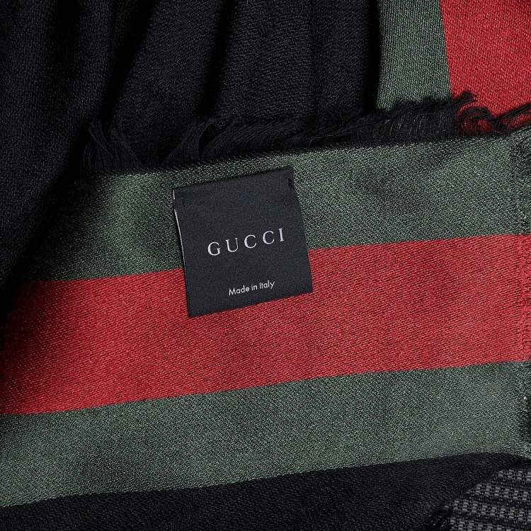 Pre Owned Gucci Black Guccissima Wool Web Stripe Silk Scarf