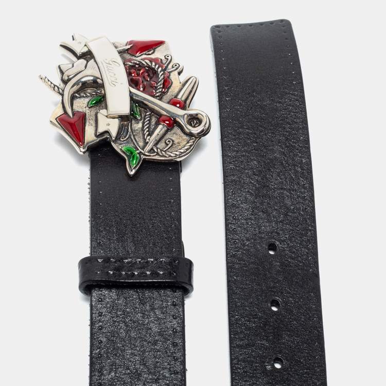 Pre Owned Gucci Black Leather Anchor Buckle Belt 90CM