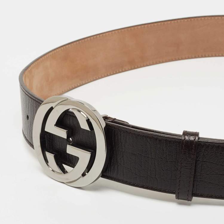 Pre Owned Gucci Brown Leather and Canvas Web Interlocking G Buckle Belt 85CM