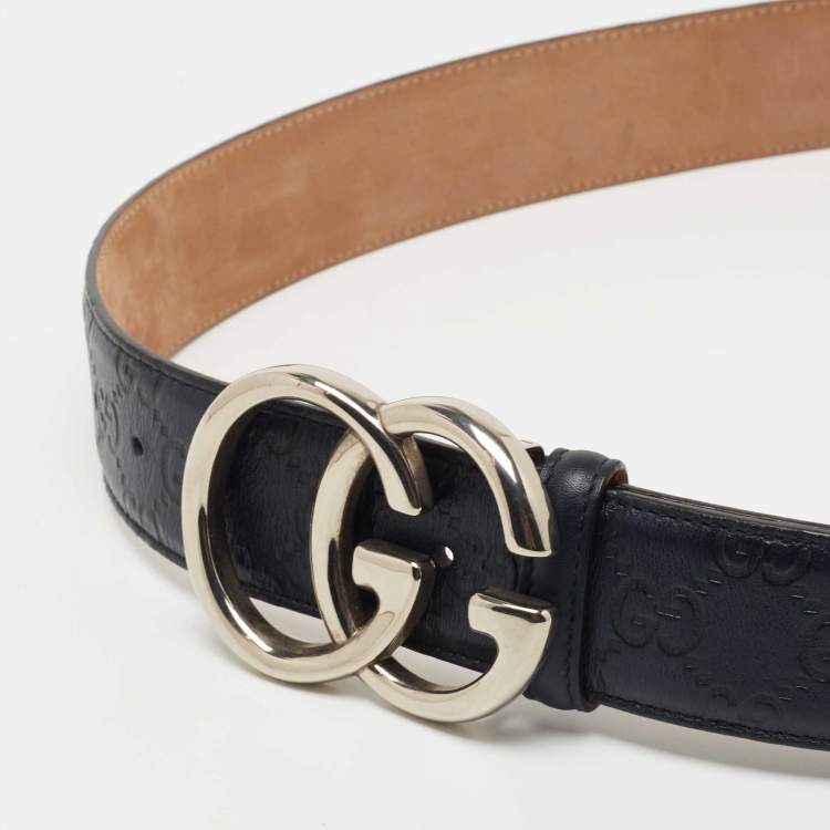 Pre Owned Gucci Nay Blue Guccissima Leather Double G Buckle Belt 90CM