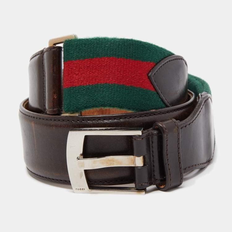 Pre Owned Gucci Dark Brown Leather and Canvas Web Buckle Belt 85CM