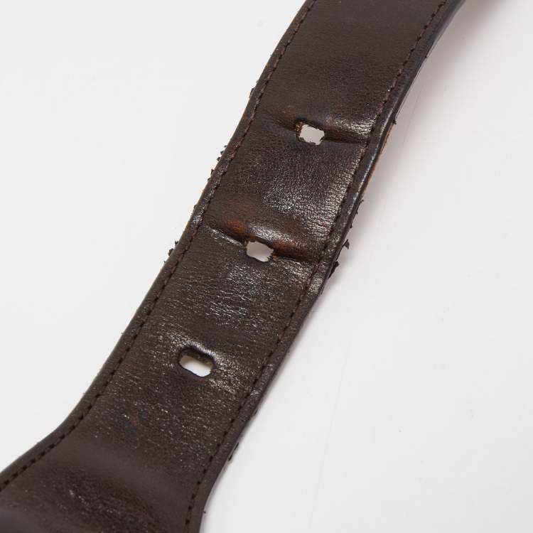 Pre Owned Gucci Dark Brown Leather and Canvas Web Buckle Belt 85CM
