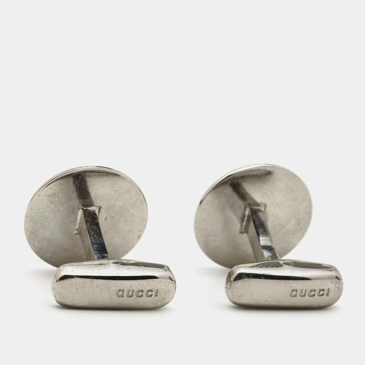 Pre Owned Gucci Silver Tone Black Inlay Round Cufflinks
