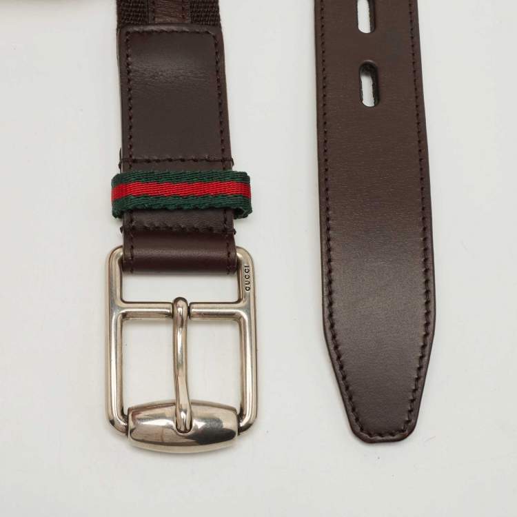 Pre Owned Gucci Dark Brown Canvas and Leather Web Buckle Belt 105CM