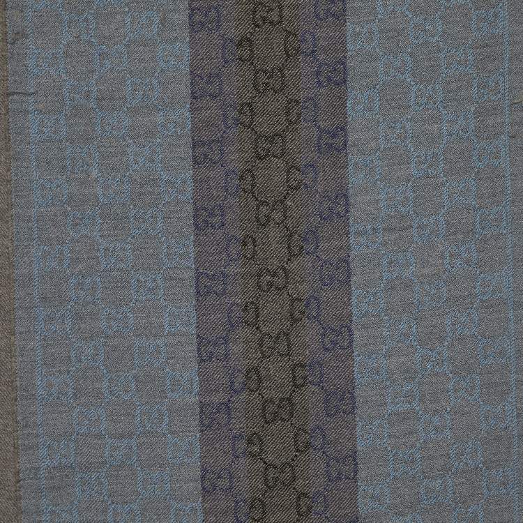 Pre Owned Gucci Grey & Blue Guccissima Striped patterned Wool Muffler