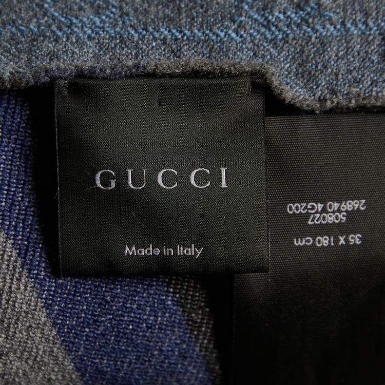 Pre Owned Gucci Grey & Blue Guccissima Striped patterned Wool Muffler