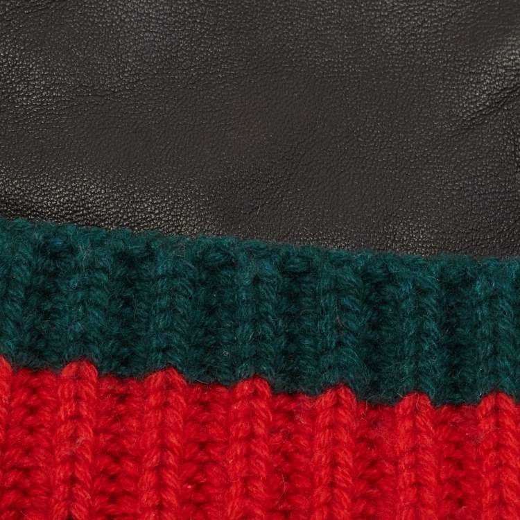 Pre Owned Gucci Black/Green Leather and Cashmere Web Gloves M