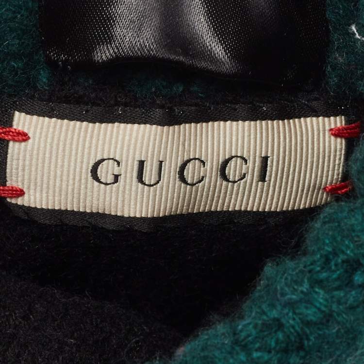 Pre Owned Gucci Black/Green Leather and Cashmere Web Gloves M