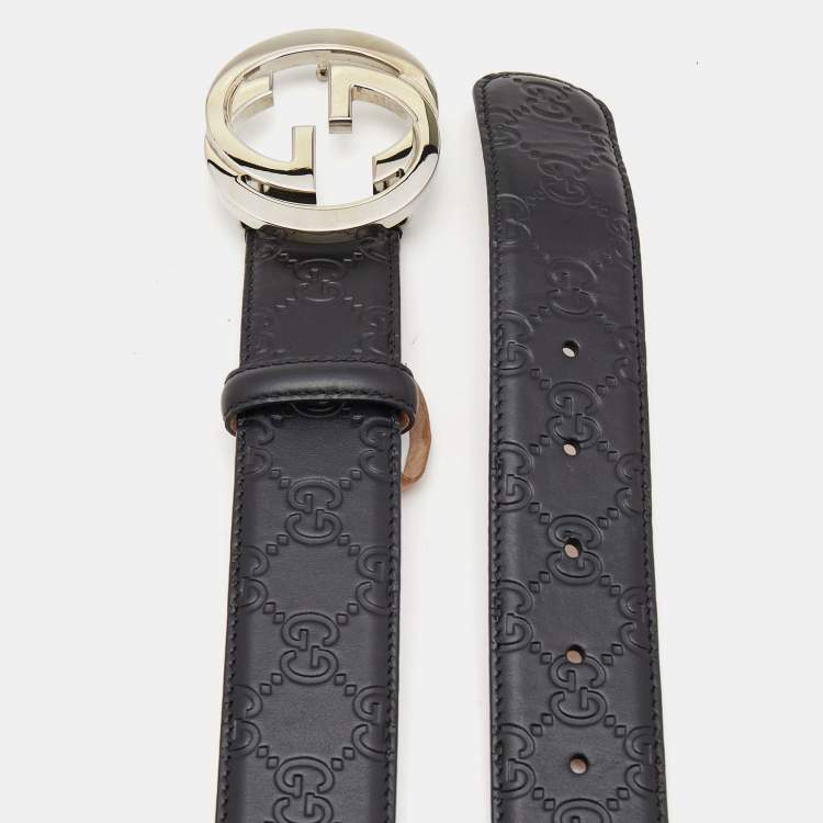 مملوكة مسبقًا Gucci Black Guccissima Leather Interlocking G Buckle Belt 110CM