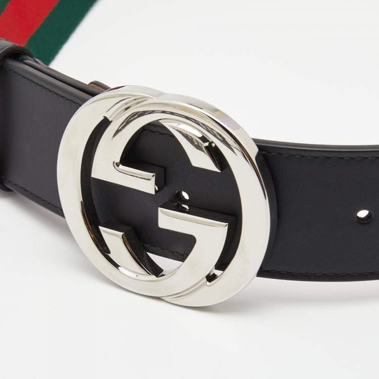 Pre Owned Gucci Black Leather and Canvas Web Interlocking G Buckle Belt 95CM