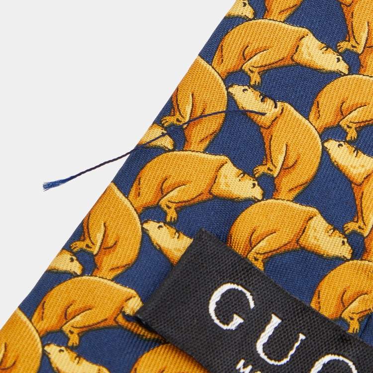 Pre Owned Gucci Yellow Animal Printed Silk Tie