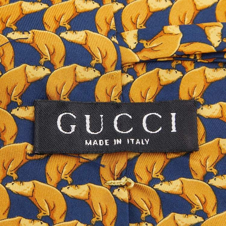Pre Owned Gucci Yellow Animal Printed Silk Tie