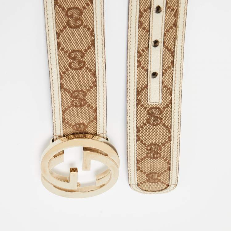 Pre Owned Gucci Beige/Offwhite GG Canvas and Leather Interlocking G Buckle Belt 95CM