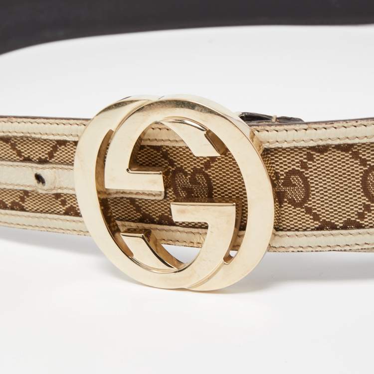 Pre Owned Gucci Beige/Offwhite GG Canvas and Leather Interlocking G Buckle Belt 95CM