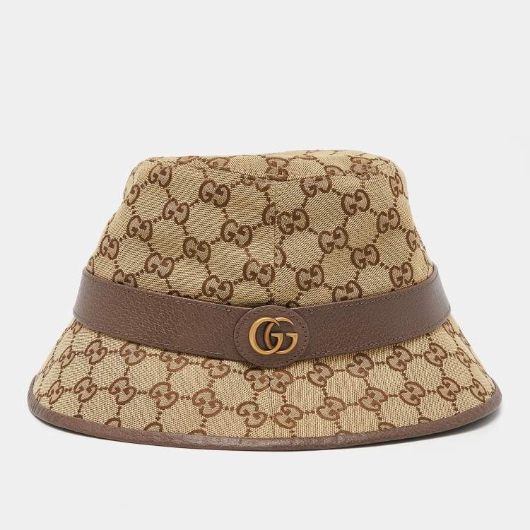Pre Owned Gucci Brown Logo Monogram Canvas Leather Trim Bucket Hat XXL