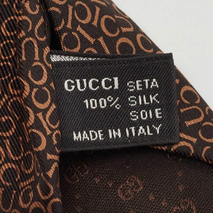 Pre Owned Gucci Brown Letters Printed Silk Tie