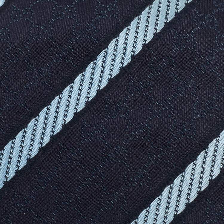 Pre Owned Gucci Navy Blue Diagonal Stripe Patterned Silk Tie