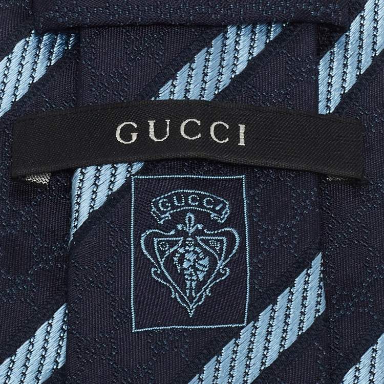 Pre Owned Gucci Navy Blue Diagonal Stripe Patterned Silk Tie