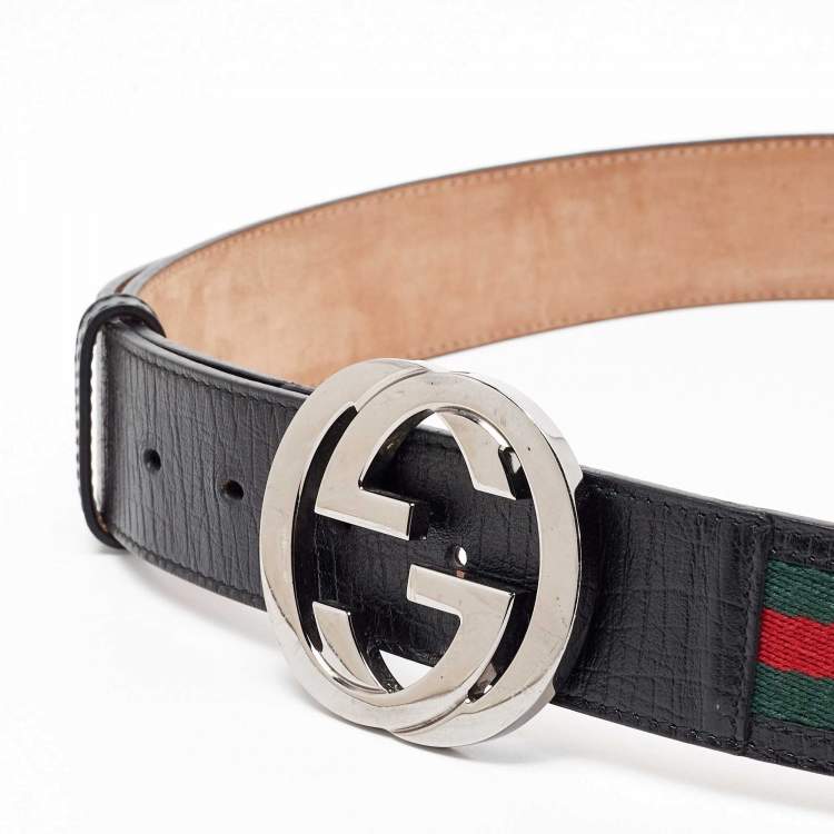 100% Authentic GG Silver Buckle Gucci Black leather belt Green/Red