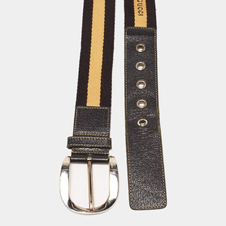 Pre Owned Gucci Brown/Yellow Web Canvas And Leather D Buckle Belt 90 CM
