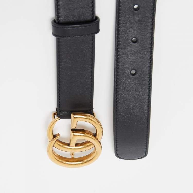 Pre Owned Gucci Black Leather Double G Buckle Belt 80CM