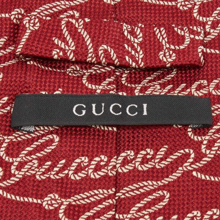Pre Owned Gucci Red Logo Patterned Silk Tie