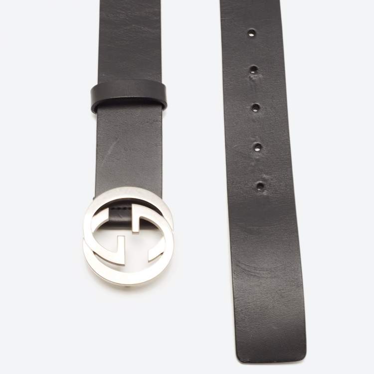 Pre Owned Gucci Black Leather Interlocking G Buckle Belt 85 CM