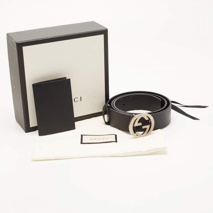 Pre Owned Gucci Black Leather Interlocking G Buckle Belt 85 CM
