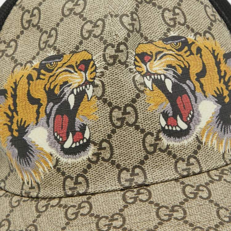 Pre Owned Gucci Beige Tiger Print GG Supreme Canvas & Mesh Baseball Cap S