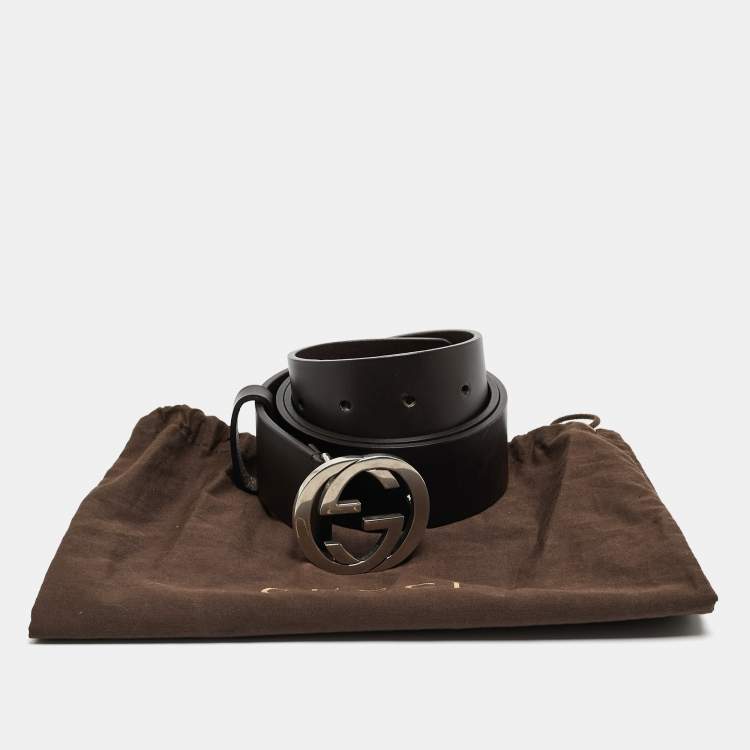 Pre Owned Gucci Dark Brown Leather Interlocking G Buckle Belt 85CM
