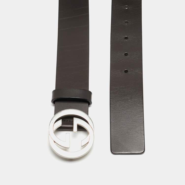 Pre Owned Gucci Dark Brown Leather Interlocking G Buckle Belt 85CM