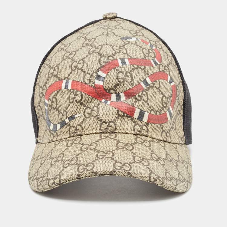 Pre Owned Gucci Beige Kingsnake Print GG Supreme Canvas and Mesh Baseball Cap M
