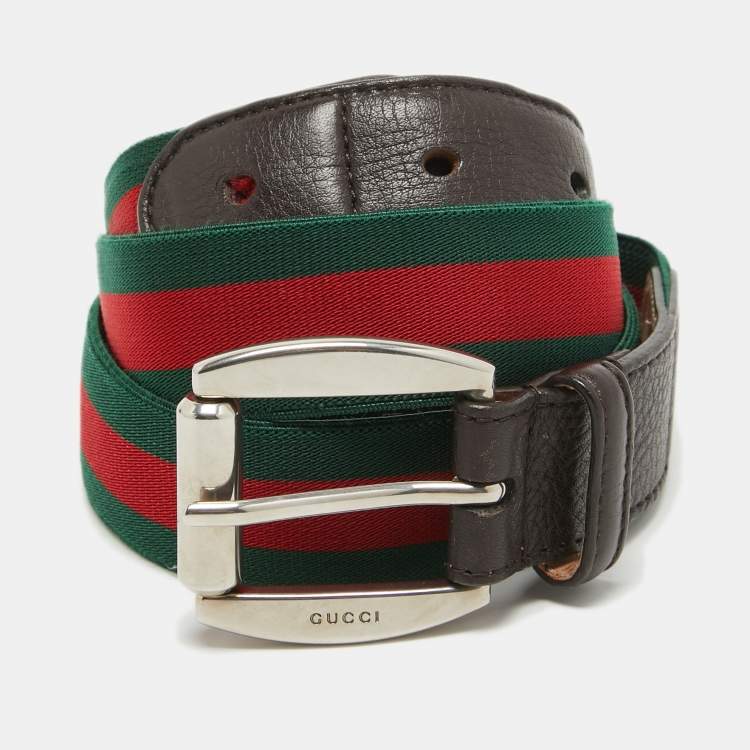 Pre Owned Gucci Brown Leather and Elastic Web Buckle Belt 95 CM