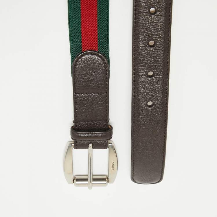 Pre Owned Gucci Brown Leather and Elastic Web Buckle Belt 95 CM