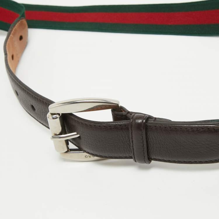 Pre Owned Gucci Brown Leather and Elastic Web Buckle Belt 95 CM