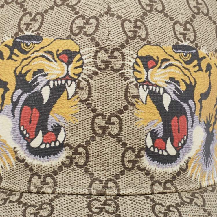 Pre Owned Gucci Beige Tiger Print GG Supreme Canvas & Mesh Baseball Cap XL